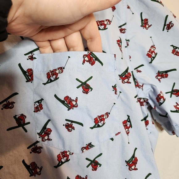 MBX skiing santa short sleeve button down shirt. Blue/Red. - Picture 11 of 16